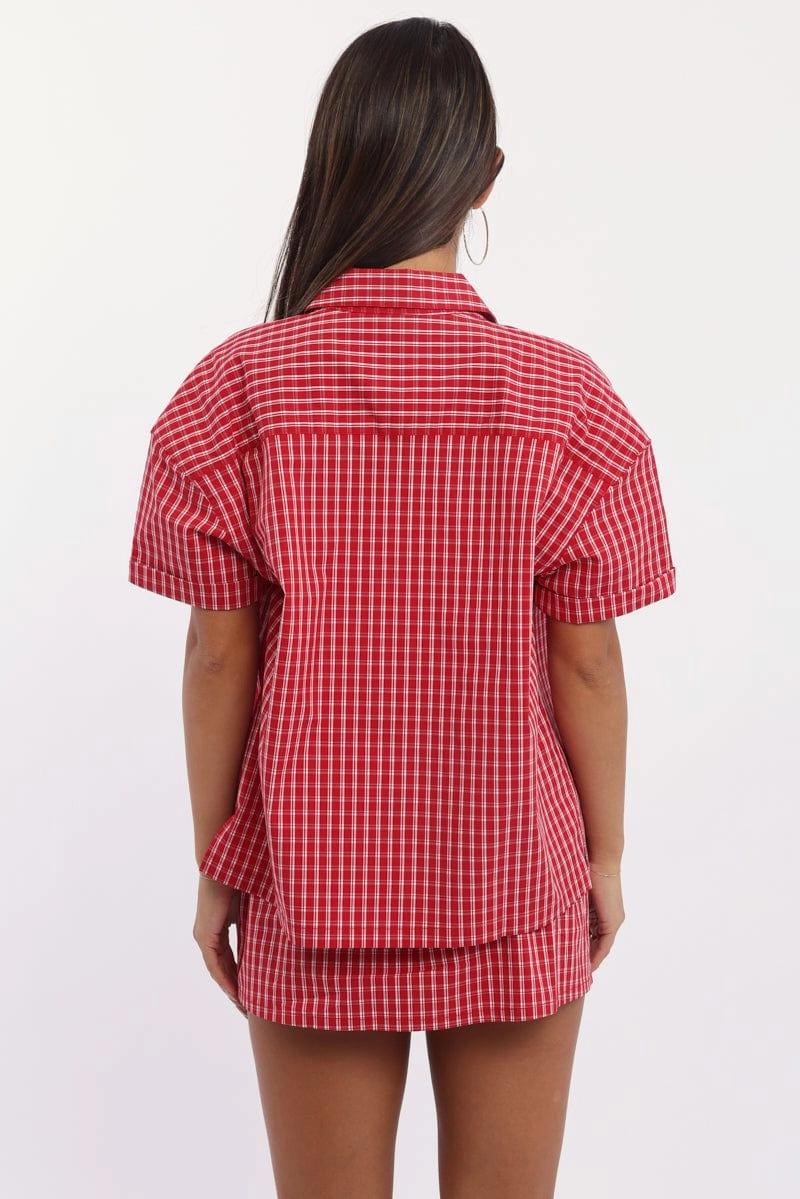 Red Check Short Sleeve Shirt Button Up