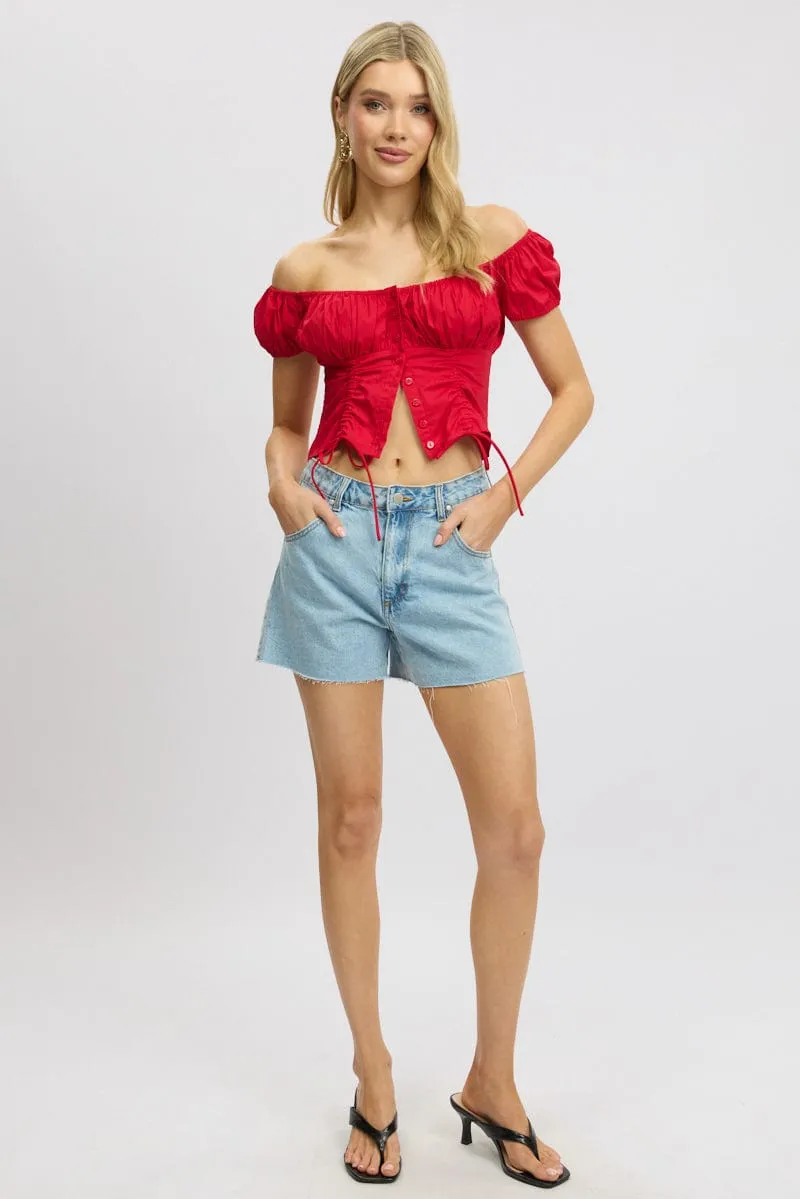 Red Crop Top Short Sleeve Ruched Button Front