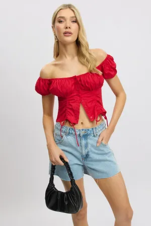 Red Crop Top Short Sleeve Ruched Button Front