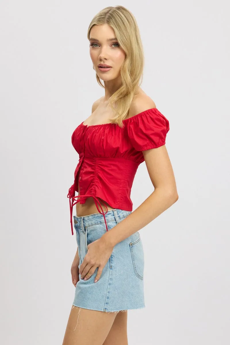 Red Crop Top Short Sleeve Ruched Button Front