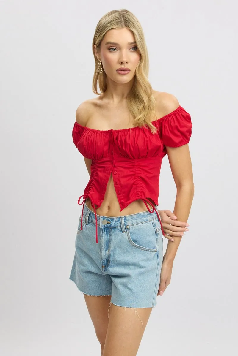 Red Crop Top Short Sleeve Ruched Button Front