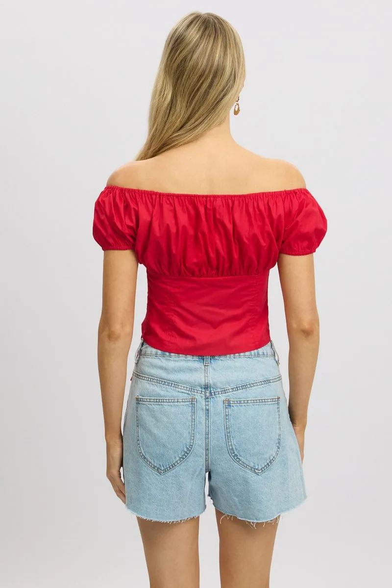 Red Crop Top Short Sleeve Ruched Button Front