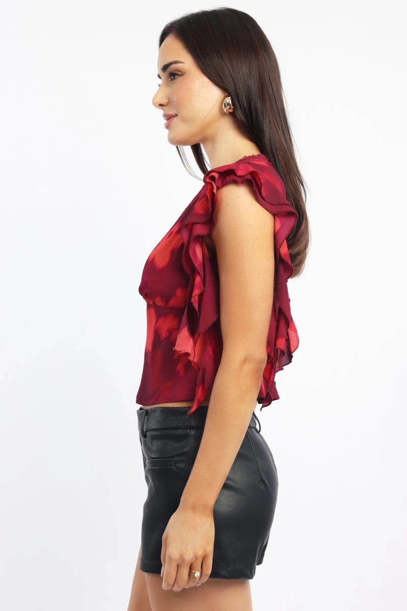Red Floral Frilled Top Sleeveless V-neck Lave Trim