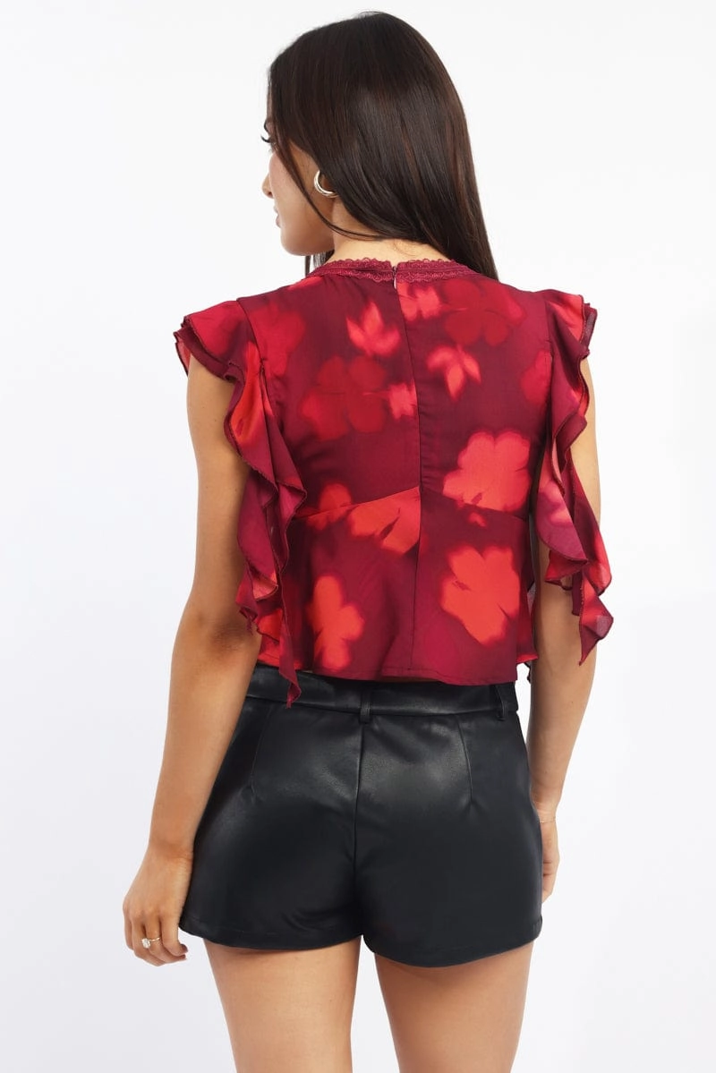 Red Floral Frilled Top Sleeveless V-neck Lave Trim