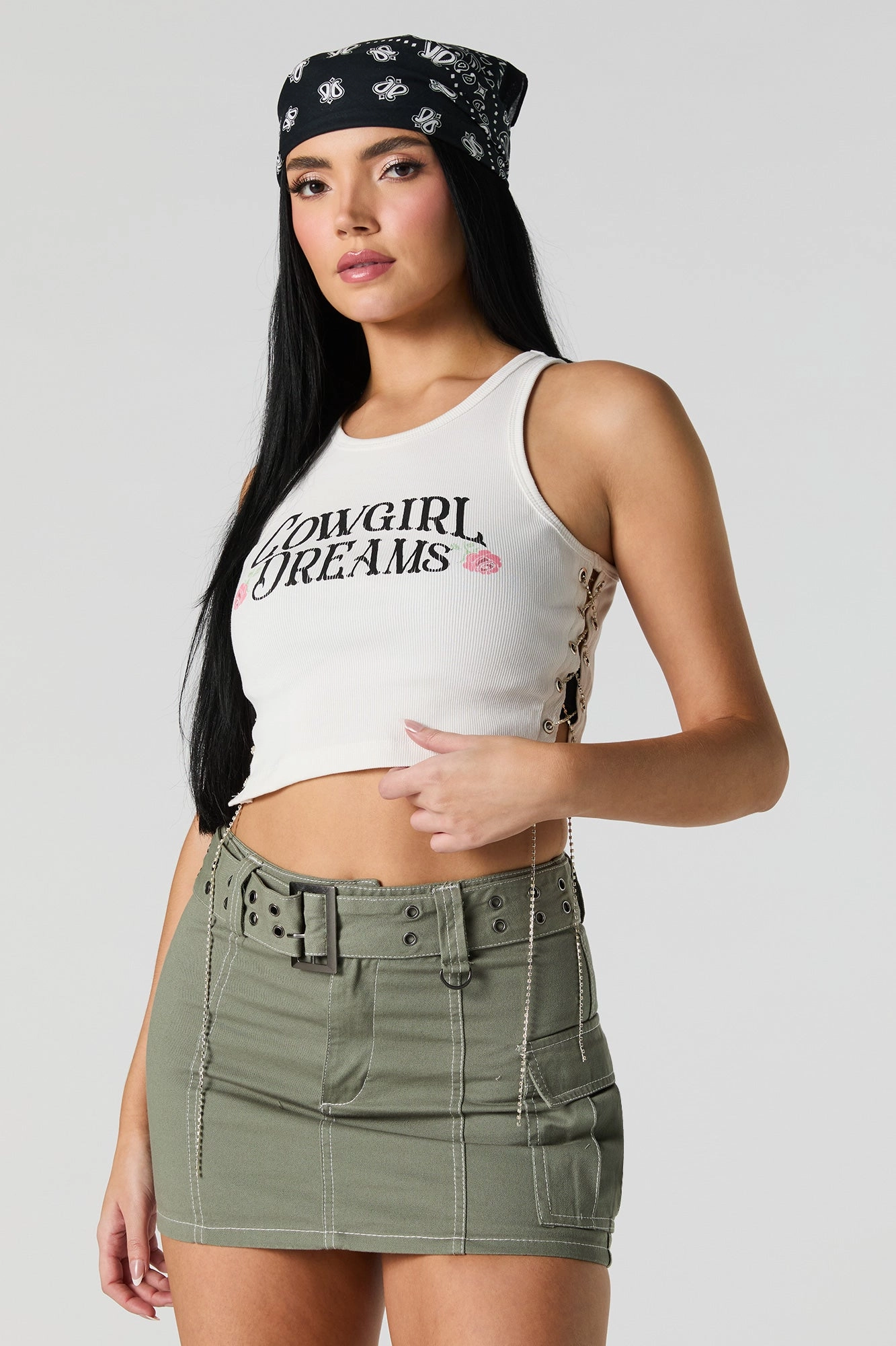 Ribbed Rhinestone Lace Up Graphic Tank