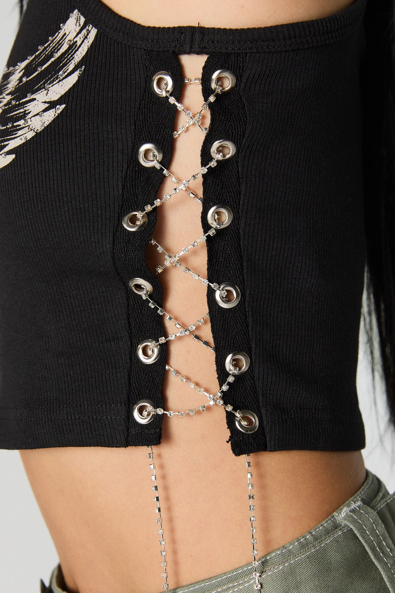 Ribbed Rhinestone Lace Up Graphic Tank