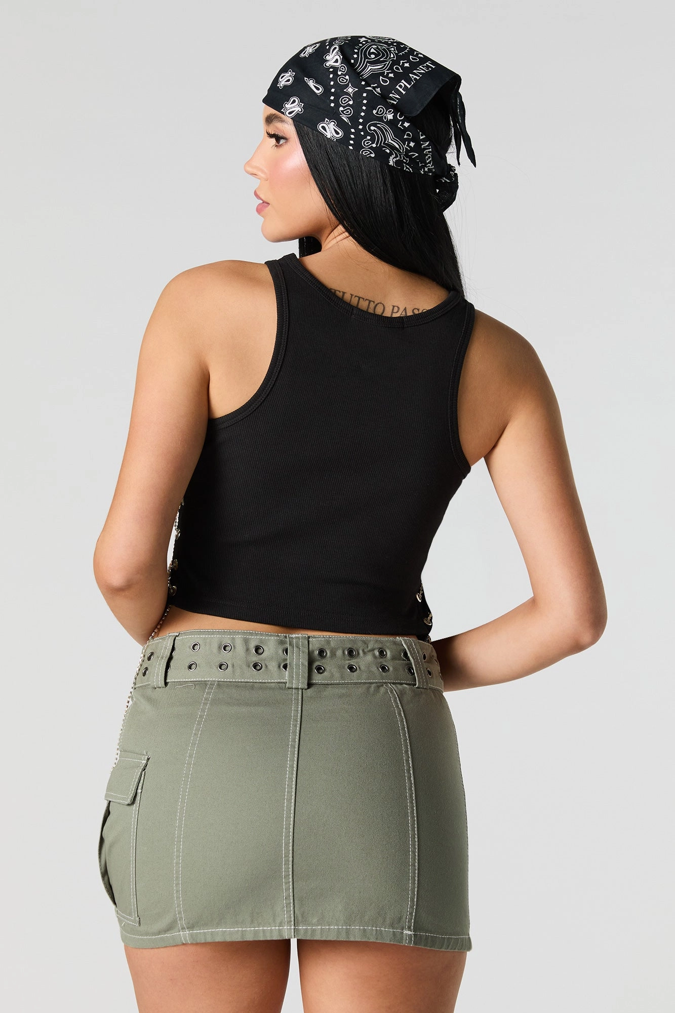Ribbed Rhinestone Lace Up Graphic Tank
