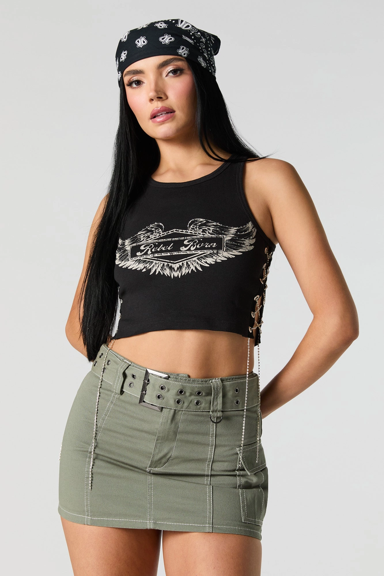 Ribbed Rhinestone Lace Up Graphic Tank