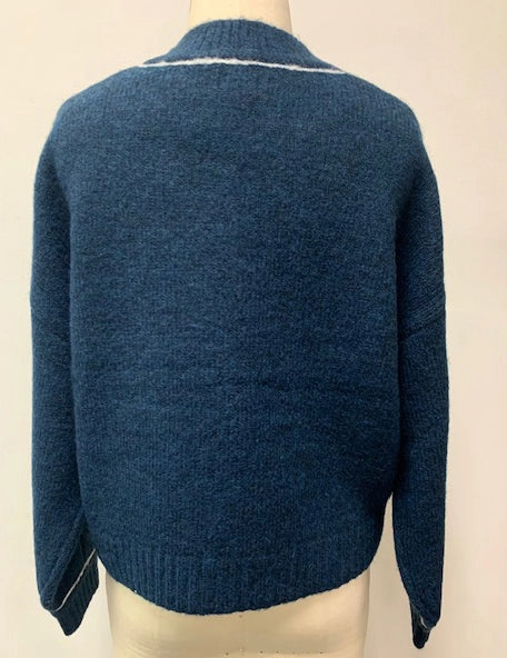 Sundry Cable Sleeve Sweater with Embroidery in Deep Navy