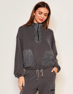 Sundry Mixed Media Half Zip Popover in Washed Black