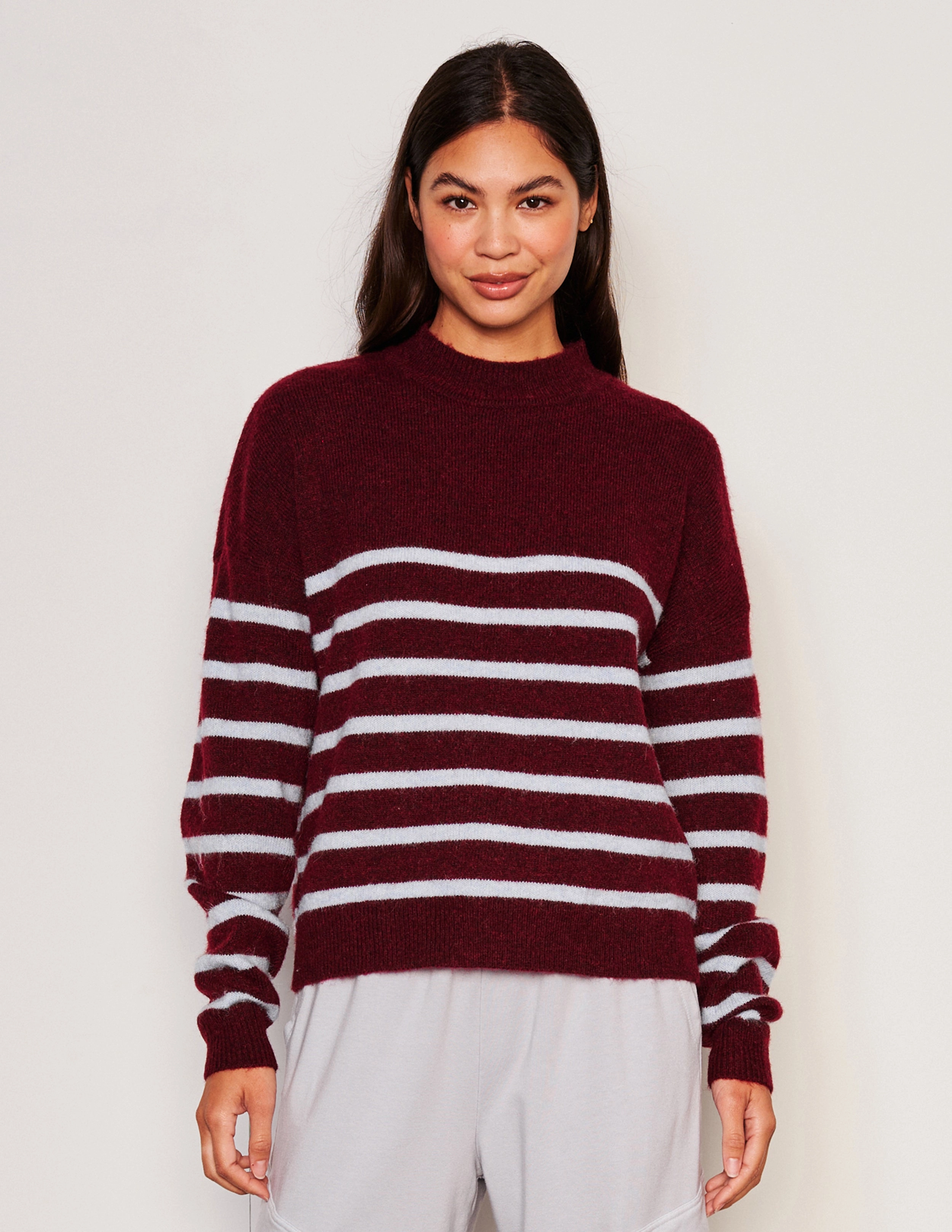 Sundry Stripes Mock Neck Cozy Sweater in Bordeaux