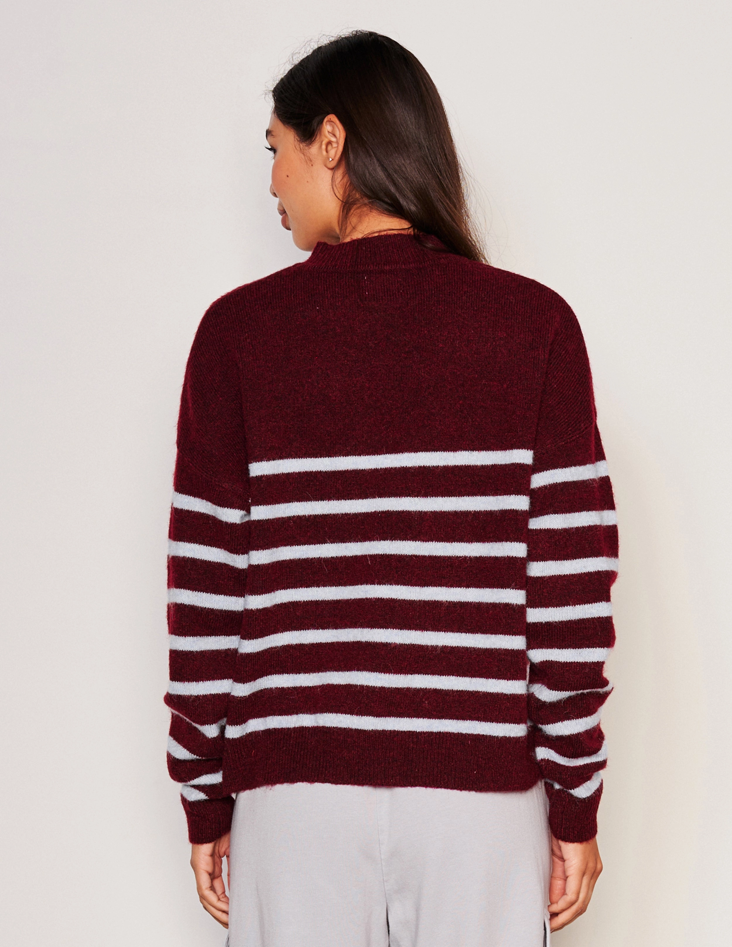 Sundry Stripes Mock Neck Cozy Sweater in Bordeaux