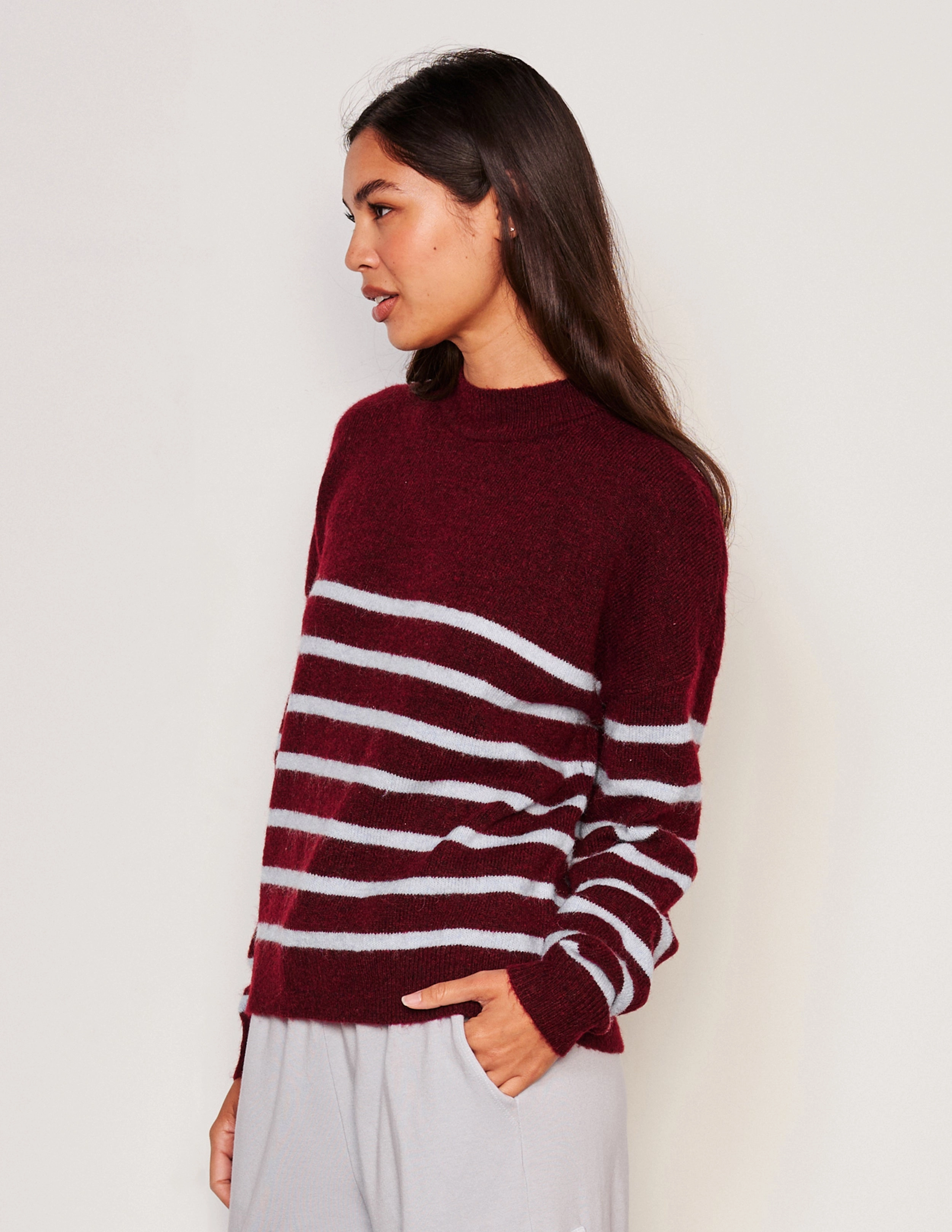 Sundry Stripes Mock Neck Cozy Sweater in Bordeaux