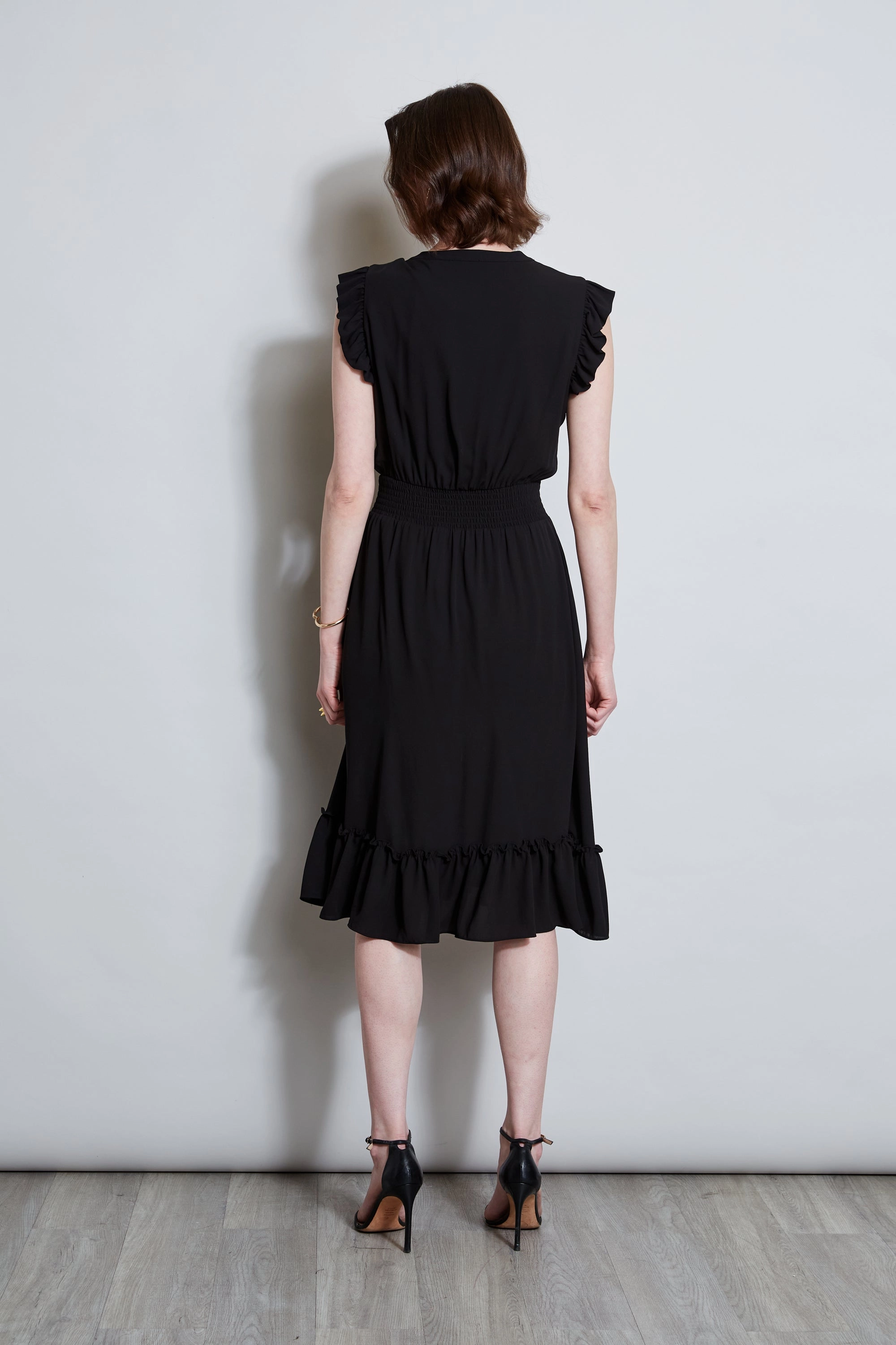 T-Tahari Split Neck Ruffle Midi Dress