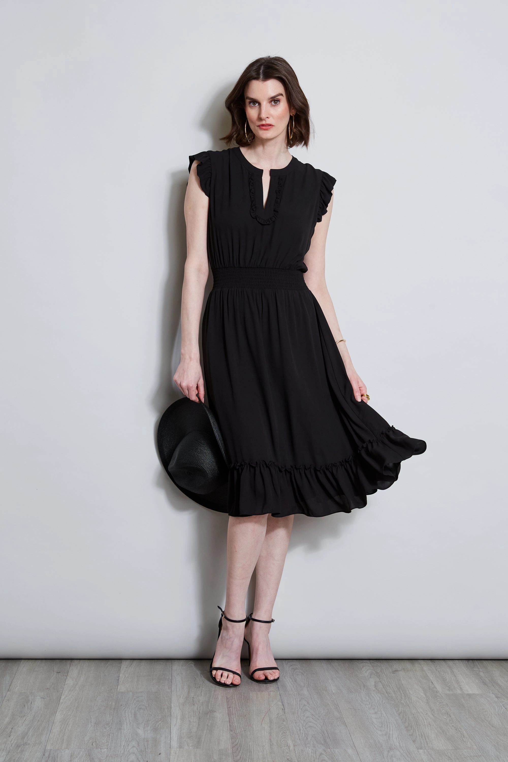 T-Tahari Split Neck Ruffle Midi Dress