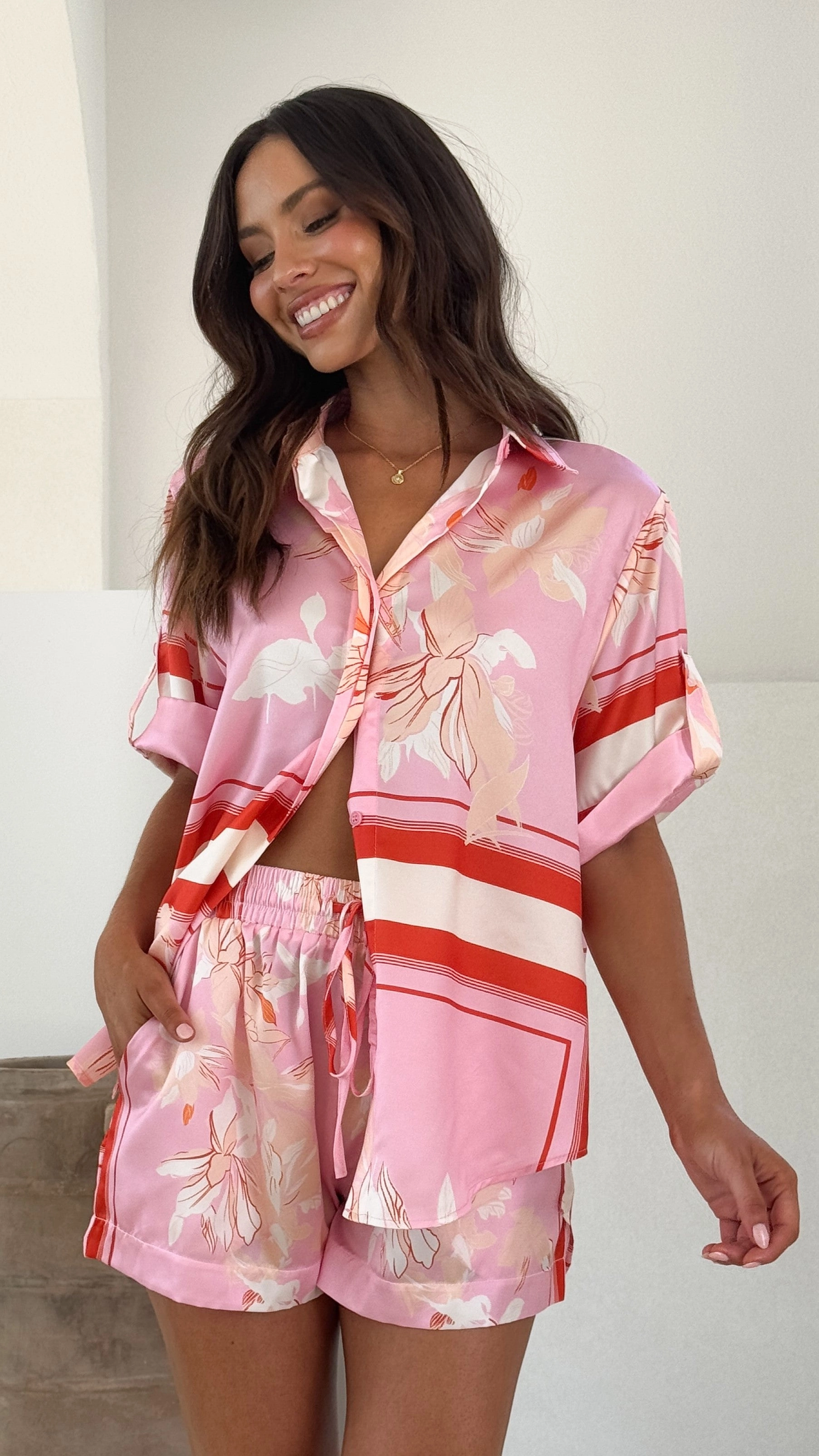 Vallerie Button Up Shirt - Pink/White Print