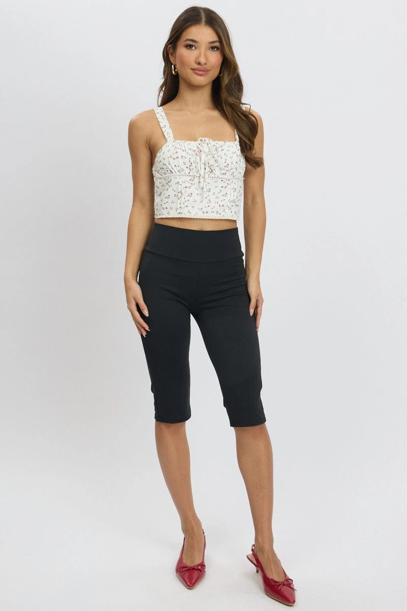White Ditsy Crop Top Sleeveless Gathered Bust
