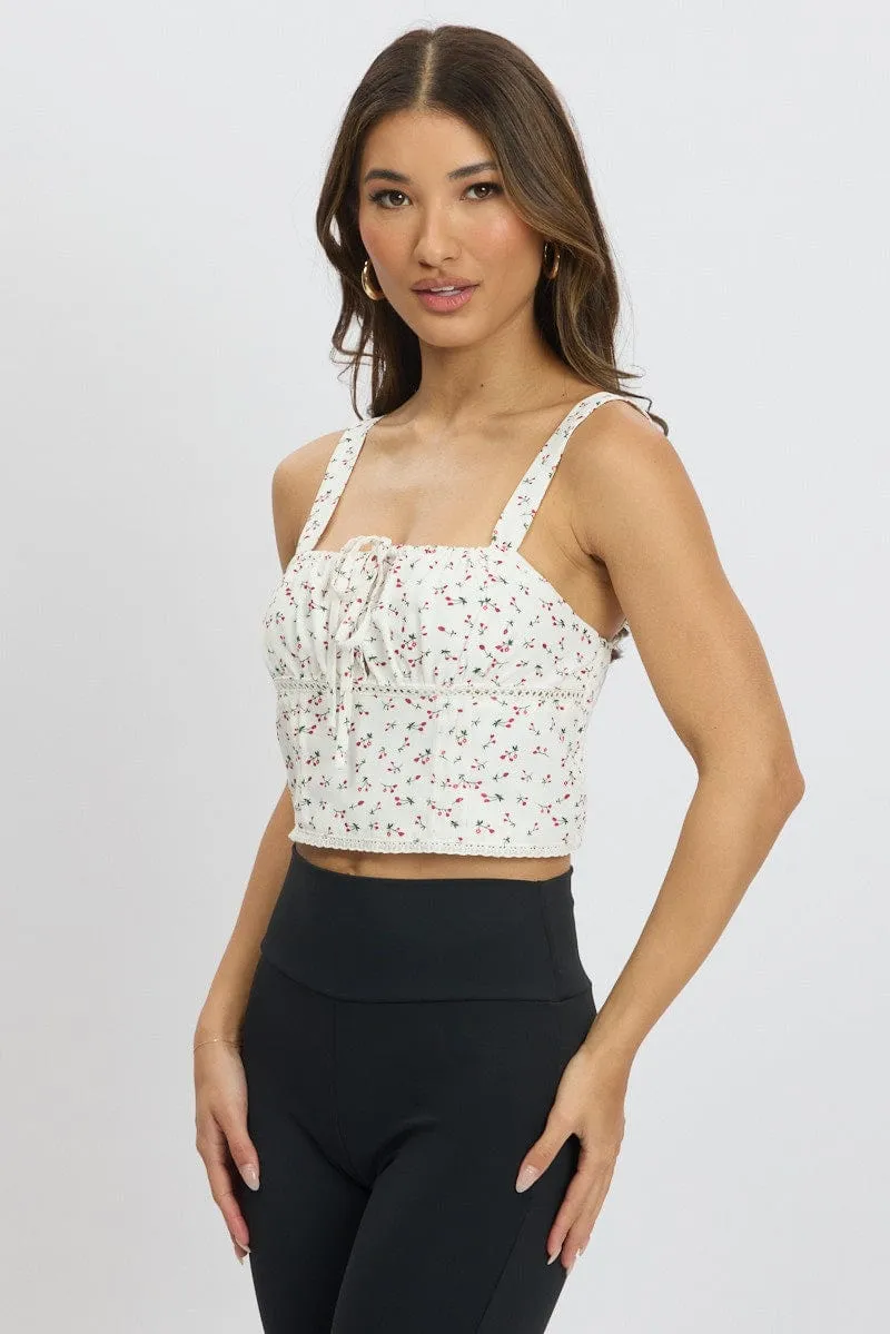 White Ditsy Crop Top Sleeveless Gathered Bust