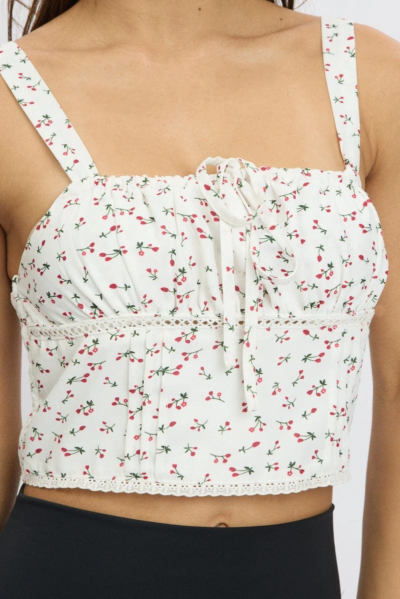 White Ditsy Crop Top Sleeveless Gathered Bust