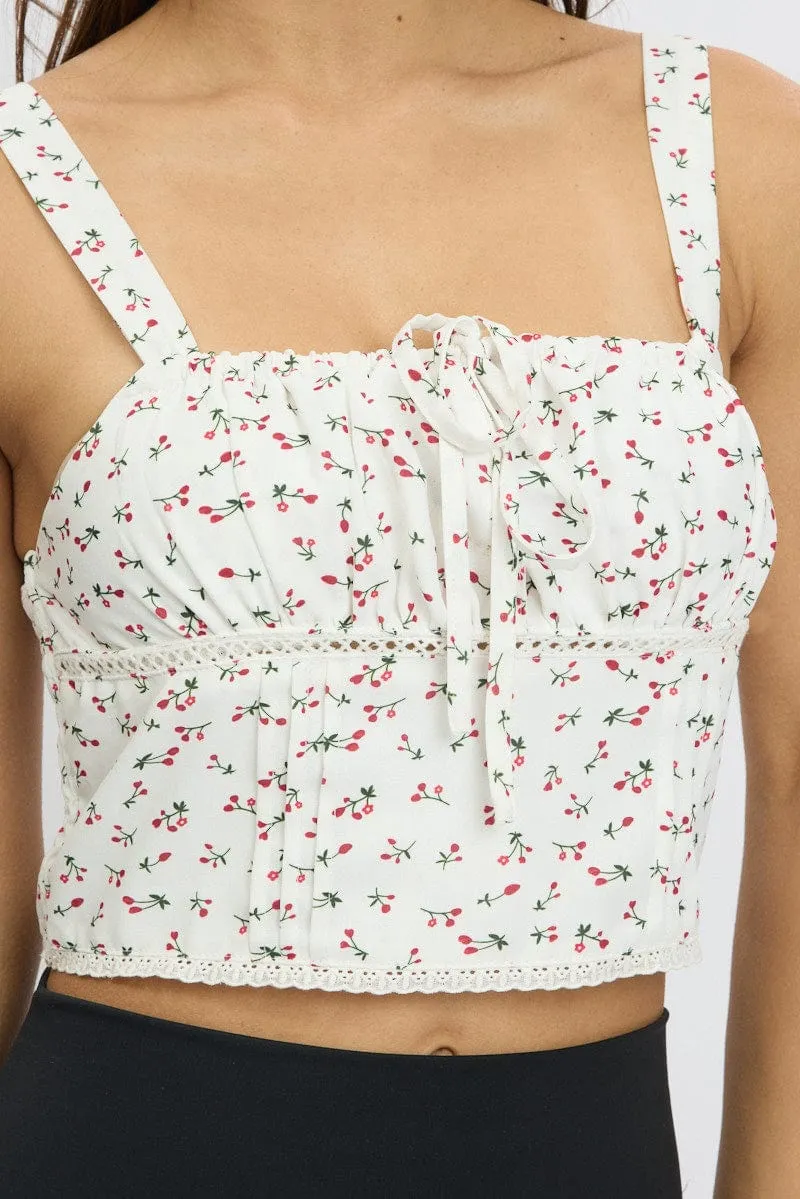 White Ditsy Crop Top Sleeveless Gathered Bust
