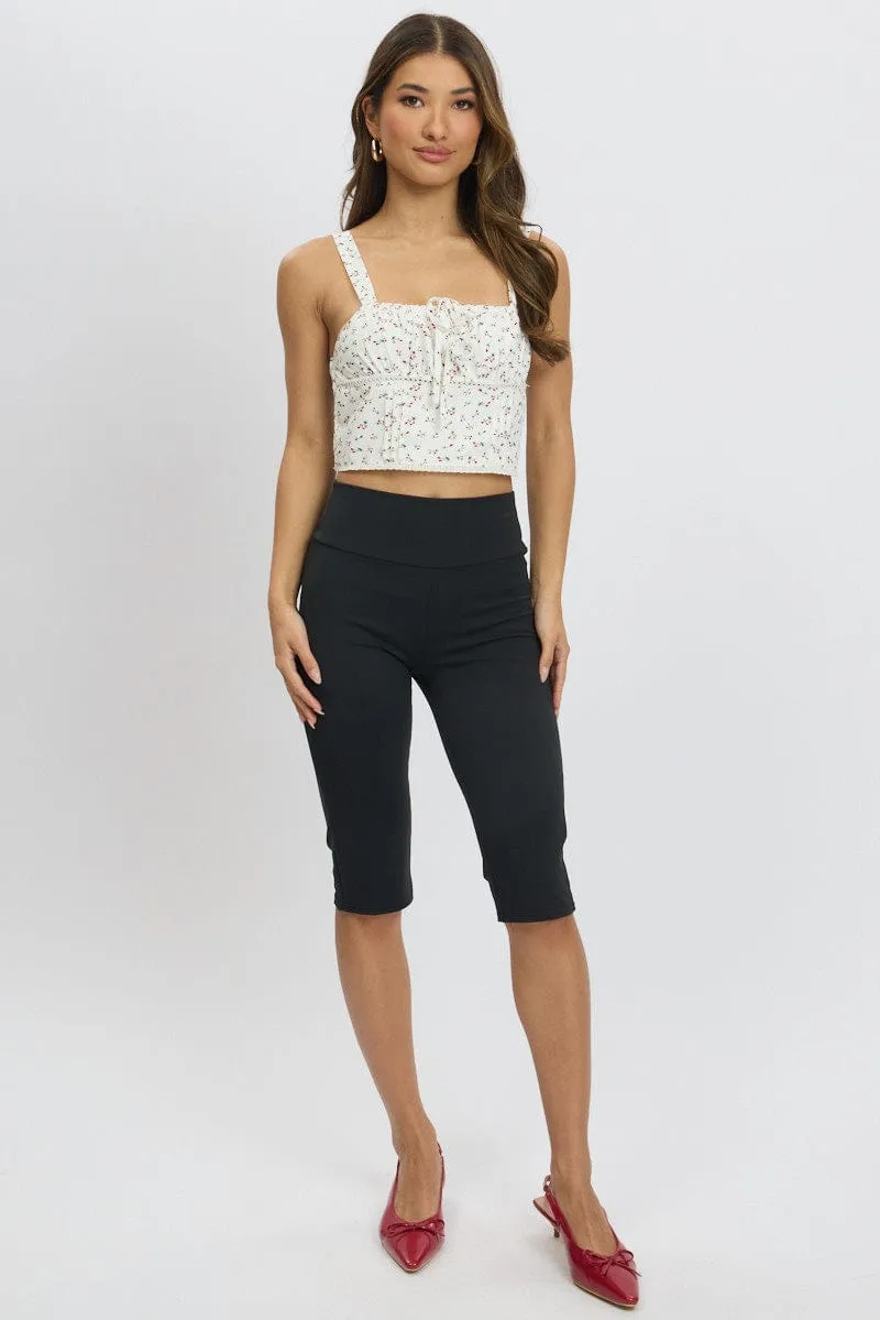 White Ditsy Crop Top Sleeveless Gathered Bust