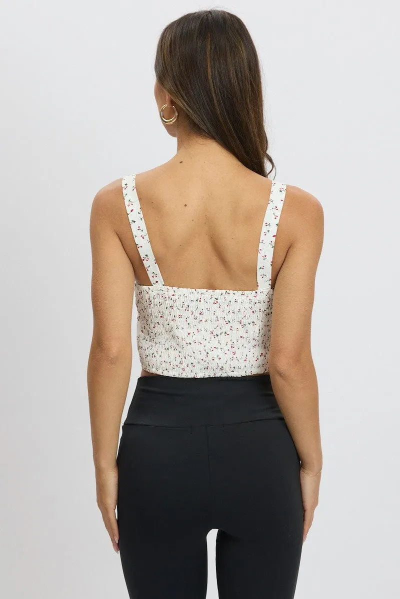 White Ditsy Crop Top Sleeveless Gathered Bust