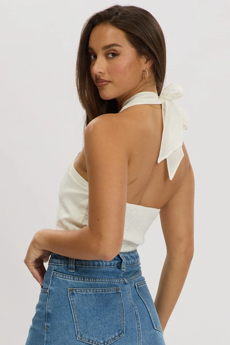White Halter Crop Top Linen Blend