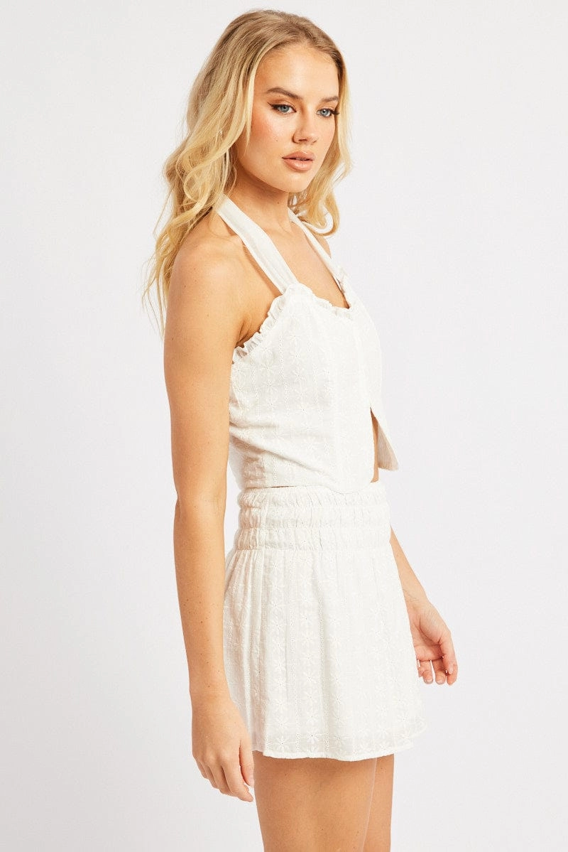 White Halter Crop Top Sleeveless Eyelet