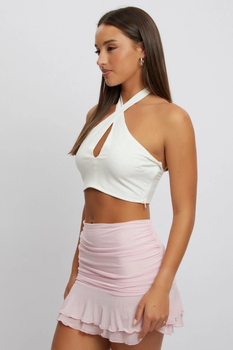 White Halter Neck Crop Top Sleeveless Linen Blend