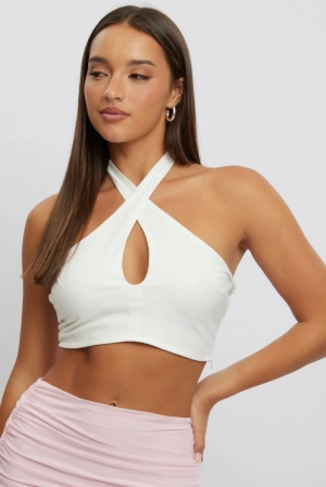 White Halter Neck Crop Top Sleeveless Linen Blend