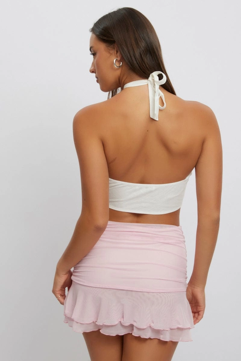 White Halter Neck Crop Top Sleeveless Linen Blend