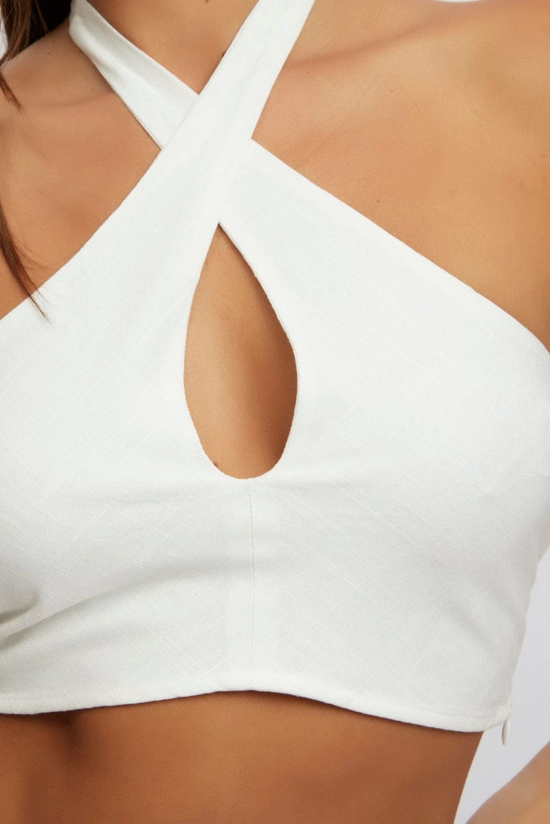 White Halter Neck Crop Top Sleeveless Linen Blend