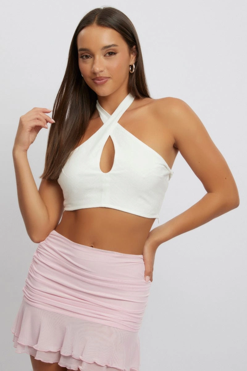 White Halter Neck Crop Top Sleeveless Linen Blend