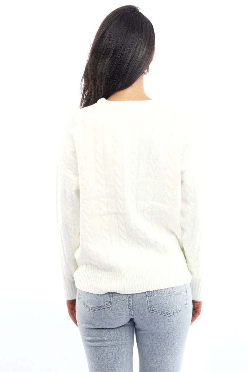 White Knit Jumper Long Sleeve Cable