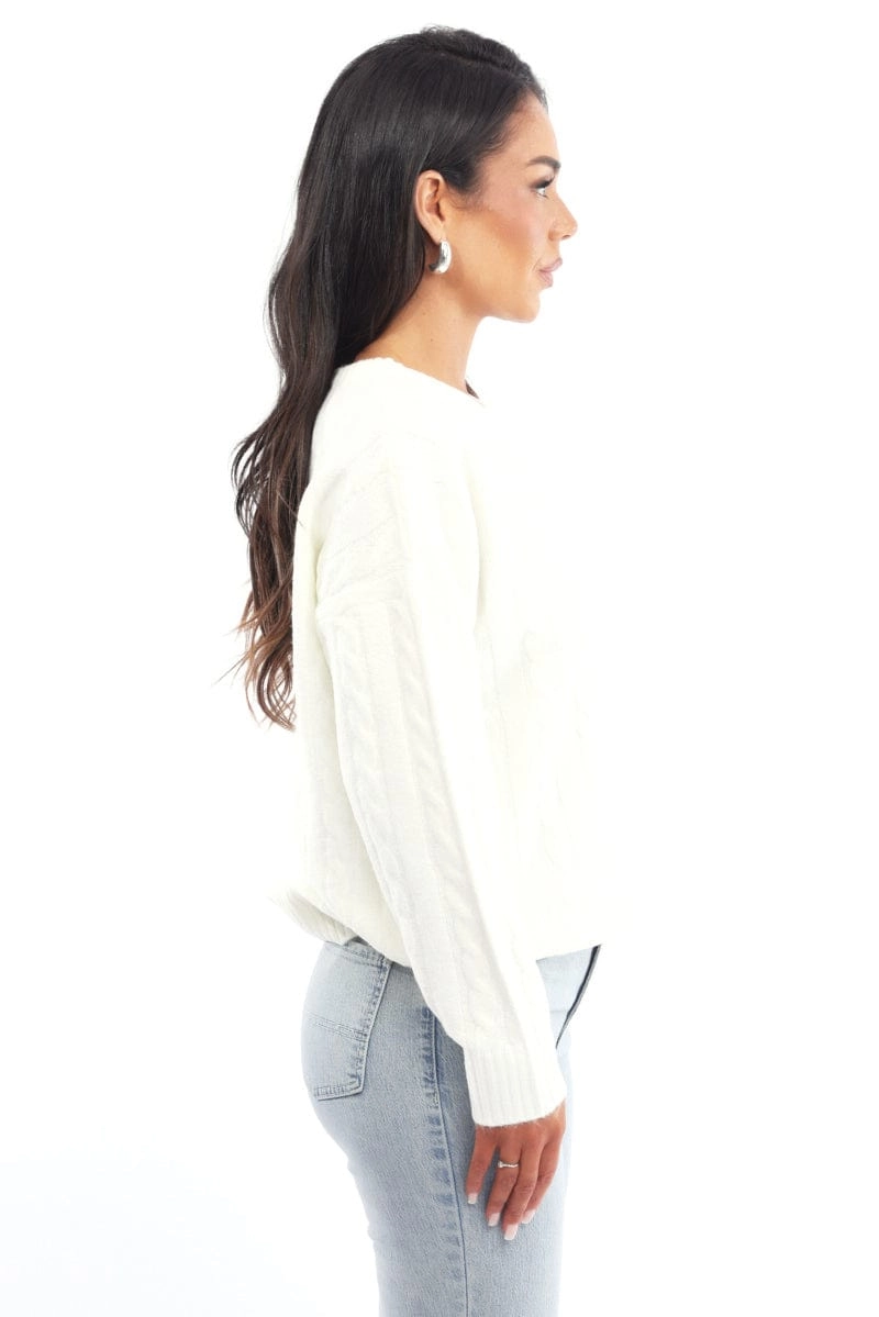 White Knit Jumper Long Sleeve Cable