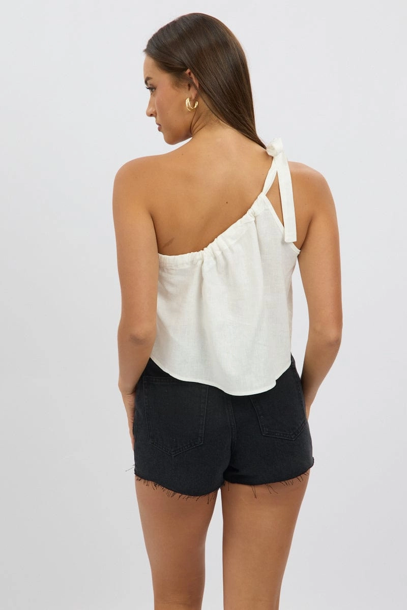 White One Shoulder Top Linen Blend