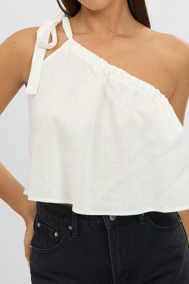 White One Shoulder Top Linen Blend