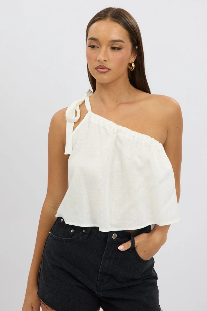 White One Shoulder Top Linen Blend