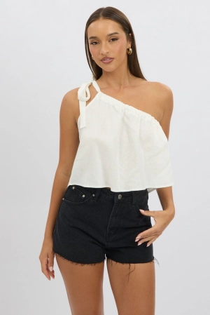 White One Shoulder Top Linen Blend