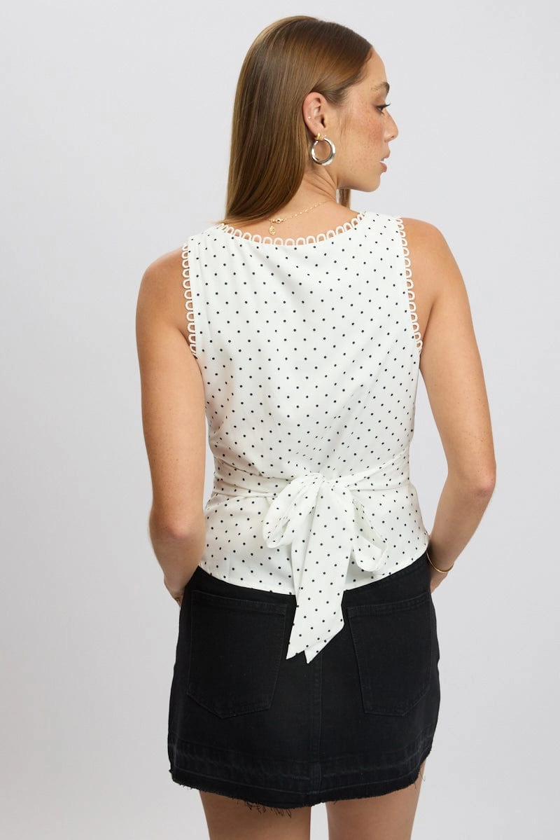White Polka Dot Top Sleeveless V-Neck
