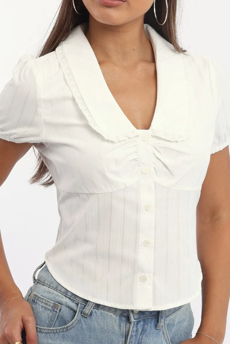 White Puff Sleeve Shirt Peter Pan Collar Button Up