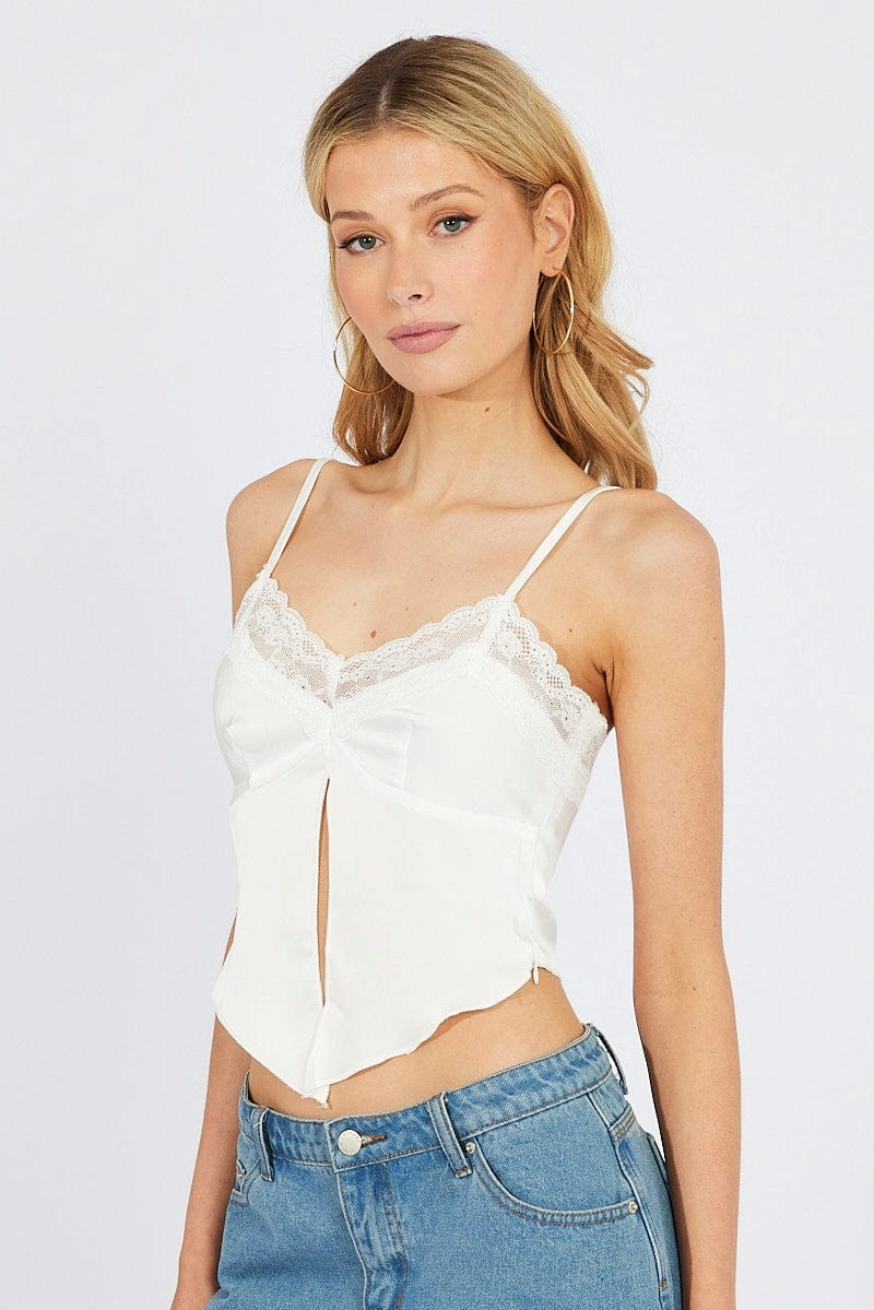 White Satin Cami Lace Trim Neck