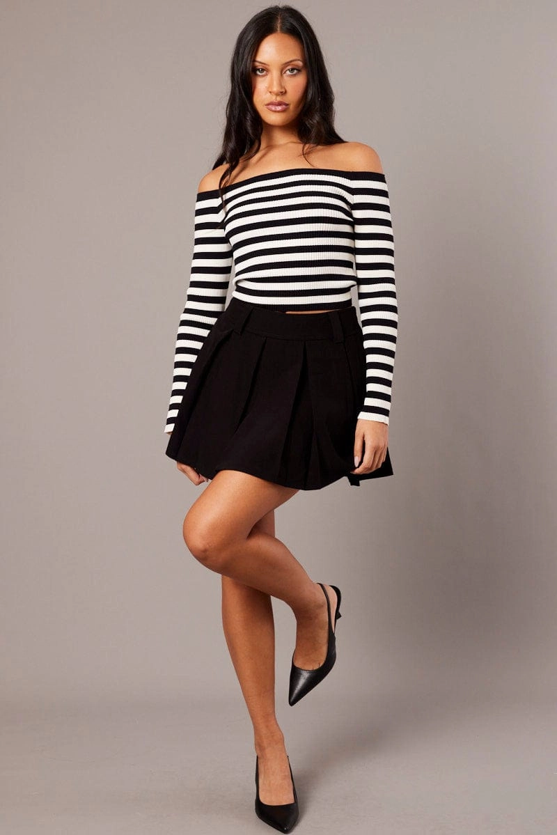 White Stripe Knit Top Long Sleeve Off Shoulder
