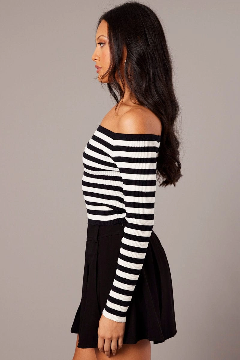 White Stripe Knit Top Long Sleeve Off Shoulder