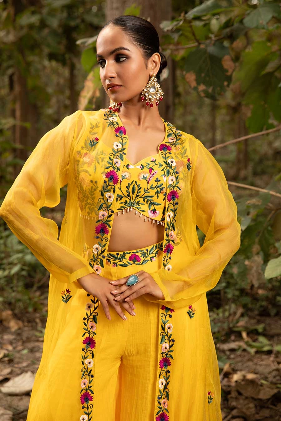 Yellow Resham Embroidered Jacket Co-Ord Set