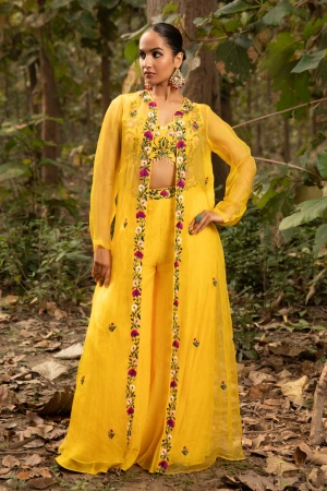 Yellow Resham Embroidered Jacket Co-Ord Set